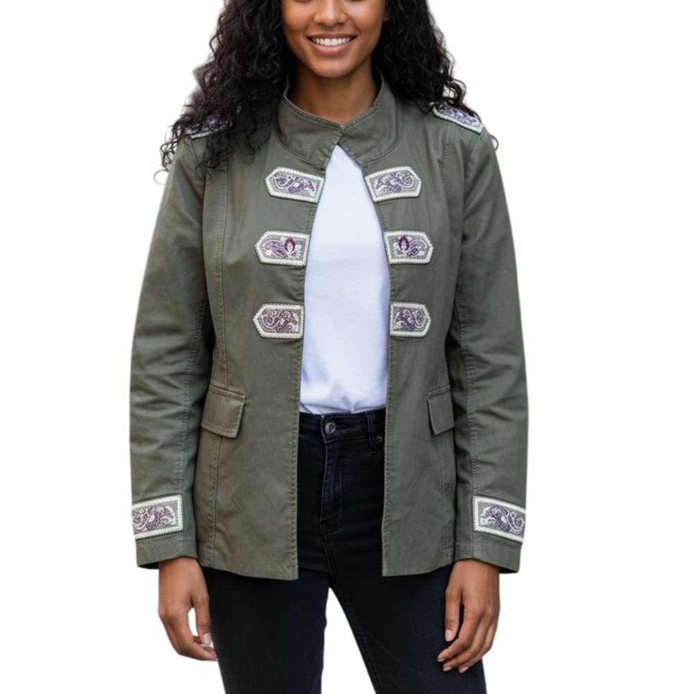 Chicos Military Style Jacket Embellished Olive Green Women's‎ 12/14 Size 2